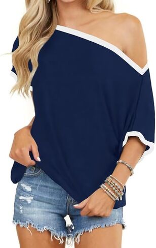 BONITEE Womens Off The Shoulder Shirt Boat Neck Oversized Tshirts Short Sleeve Tops 2025 Summer Casual Loose Clothes Tunic in Kuwait