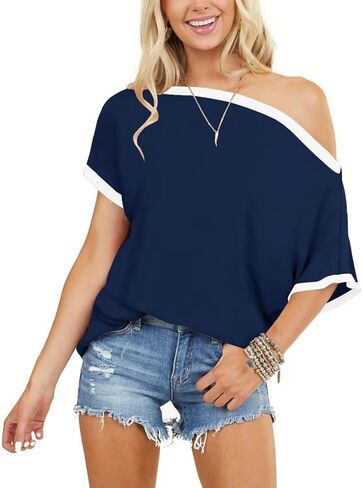 BONITEE Womens Off The Shoulder Shirt Boat Neck Oversized Tshirts Short Sleeve Tops 2025 Summer Casual Loose Clothes Tunic in Kuwait