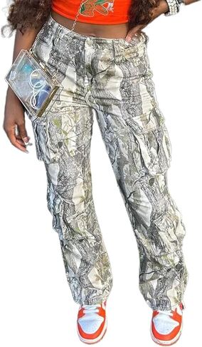 Camo Pants Women High Waist Baggy Wide Leg Camouflage Army Fatigue Jean Trousers Slim Fit Pockets Joggers Sweatpants in Saudi Arabia