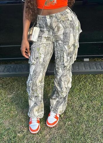 Camo Pants Women High Waist Baggy Wide Leg Camouflage Army Fatigue Jean Trousers Slim Fit Pockets Joggers Sweatpants in Saudi Arabia