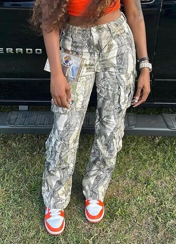 Camo Pants Women High Waist Baggy Wide Leg Camouflage Army Fatigue Jean Trousers Slim Fit Pockets Joggers Sweatpants in Saudi Arabia