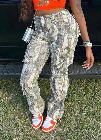 Camo Pants Women High Waist Baggy Wide Leg Camouflage Army Fatigue Jean Trousers Slim Fit Pockets Joggers Sweatpants in Saudi Arabia