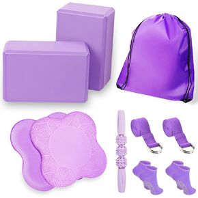 2 Yoga Blocks Supportive Accessories including 2 Knee Pads, 2 With Strap To Put Less Weight On Wrists, 1 Muscle Massage Roller, 2 Pair of Non-Slip Pilates Socks, 1 GYM Bag, Durable Versatile Yoga Brick Exercise Set of 10 in Saudi Arabia