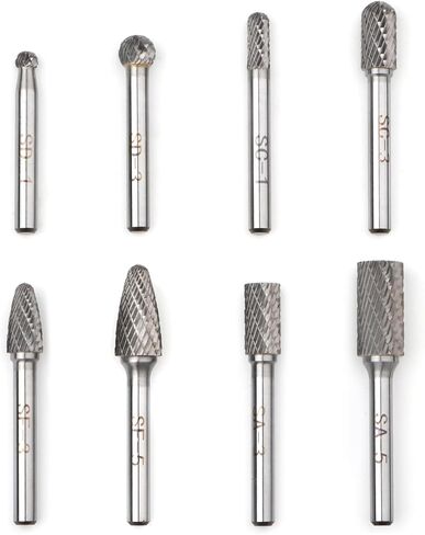 8PCS Carbide Burr Set 1/4" Shank, Double Cut Tungsten Carbide Rotary Tool Attachment Kit Rasp Accessories for Die Grinder Metal Wood Carving, Engraving, Polishing, Deburring in Saudi Arabia