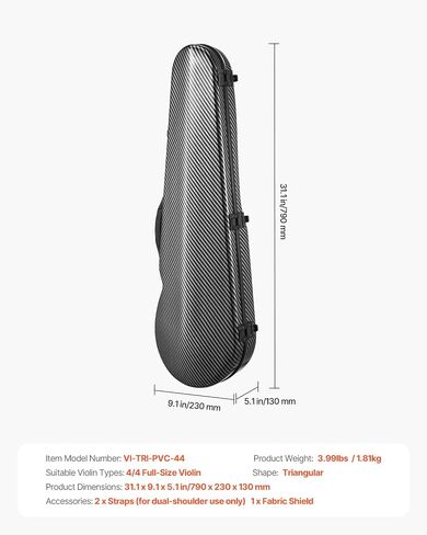 VEVOR 4/4 Full Size Violin Case, Built-in Hygrometer, Lightweight Portable Travel Carrying Bag, with Plush Lining, Dual Shoulder Straps, Anti-Scratch, Professional Shape, for Violin, Black in Saudi Arabia