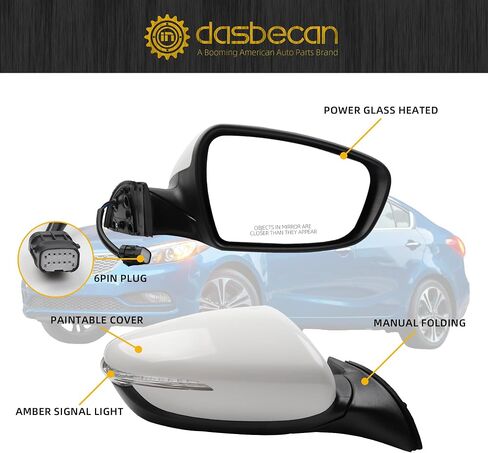 Dasbecan Passenger Side Mirror Black Compatible with 2014 2015 2016 Kia Forte Right Side Rear View Mirror With Manual Folding,Heated,Power Glass Replace# 87620A7200 KI1321181(5 Pins) in Saudi Arabia
