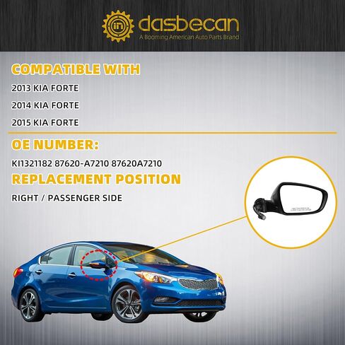 Dasbecan Passenger Side Mirror Black Compatible with 2014 2015 2016 Kia Forte Right Side Rear View Mirror With Manual Folding,Heated,Power Glass Replace# 87620A7200 KI1321181(5 Pins) in Saudi Arabia