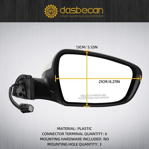Dasbecan Passenger Side Mirror Black Compatible with 2014 2015 2016 Kia Forte Right Side Rear View Mirror With Manual Folding,Heated,Power Glass Replace# 87620A7200 KI1321181(5 Pins) in Saudi Arabia