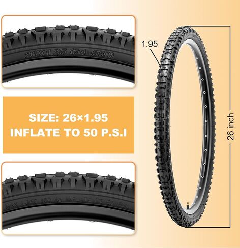 Hycline Mountain Bike Tires Set: 2-Pack 20/24/26x1.95 Inch Folding Replacement High-Density Bicycle Tires and Pair Inner Tubes with Tire Levers Compatible with MTB Off-Road Bike in Kuwait