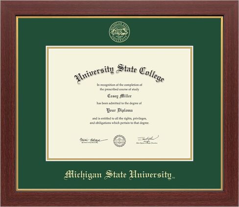 Michigan State University 11" w x 8.5" h Diploma Frame - Fits a bachelor's and master's - Gold Embossed Diploma Frame - Mahogany Moulding with Tartan Green and Gold Matting in Saudi Arabia