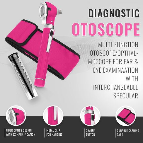 SURGICAL ONLINE Fiber Optic Mini Otoscope Rainbow Many Colors - Pocket Otoscope with Case ENT Diagnostic Set w/Extra Bulb Included (Magenta) in Saudi Arabia