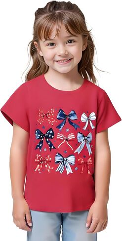 الأطفال الصغار الصغير الفتيات الرابع من يوليو تي شيرت Coquette Red White & Blue Patriotic Bows Retro American Top Top in Saudi Arabia