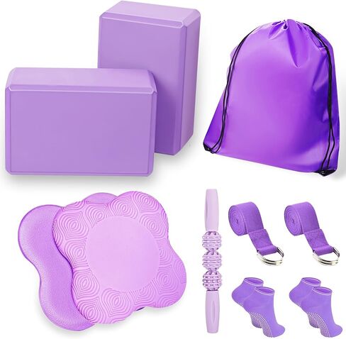 2 Yoga Blocks Supportive Accessories including 2 Knee Pads, 2 With Strap To Put Less Weight On Wrists, 1 Muscle Massage Roller, 2 Pair of Non-Slip Pilates Socks, 1 GYM Bag, Durable Versatile Yoga Brick Exercise Set of 10 in Saudi Arabia