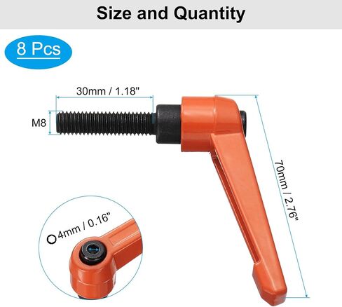 uxcell 8pcs Lever Adjustable Handles M8 x 30mm Metric Male Thread, Level Clamping Handle Hand Stud Knobs Rotating Screw Handles Bolts with Locking Lever, Orange in Kuwait