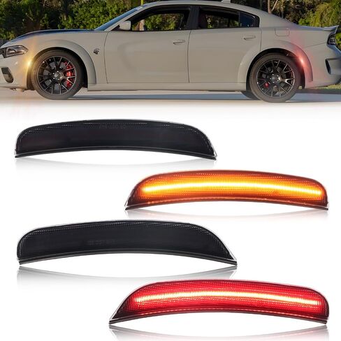 4 PCS Front Rear LED Side Marker Lights Assembly for Dodge Charger 2015 2016 2017 2018 2019 2020 2021 2022 2023, Smoked Lens Front Rear Bumper Marker Lamps, White & Red LED Light in Saudi Arabia
