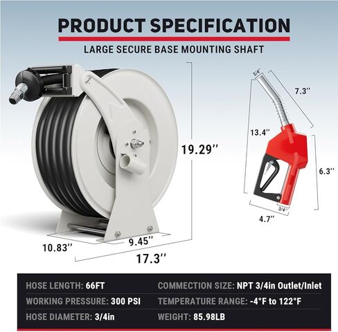 Fuel Hose Reel, 3/4" x 50FT Extra Long Diesel Reel with Fueling Nozzle, 300 PSI Industrial Auto Swivel Rewind Fuel Retractable Diesel Hose for Vehicle Tank Truck Trailer Ship, Red in Kuwait