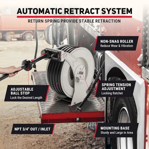 Fuel Hose Reel, 3/4" x 50FT Extra Long Diesel Reel with Fueling Nozzle, 300 PSI Industrial Auto Swivel Rewind Fuel Retractable Diesel Hose for Vehicle Tank Truck Trailer Ship, Red in Kuwait