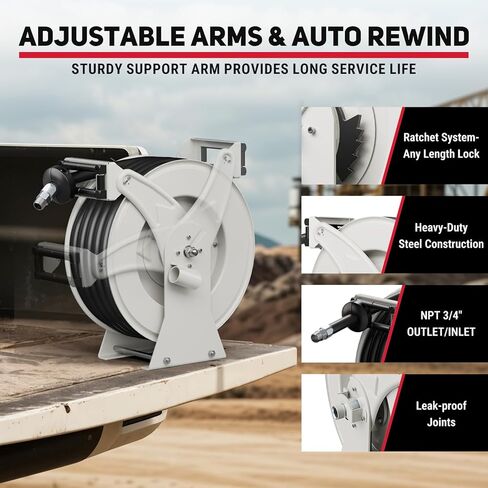 Fuel Hose Reel, 3/4" x 50FT Extra Long Diesel Reel with Fueling Nozzle, 300 PSI Industrial Auto Swivel Rewind Fuel Retractable Diesel Hose for Vehicle Tank Truck Trailer Ship, Red in Kuwait