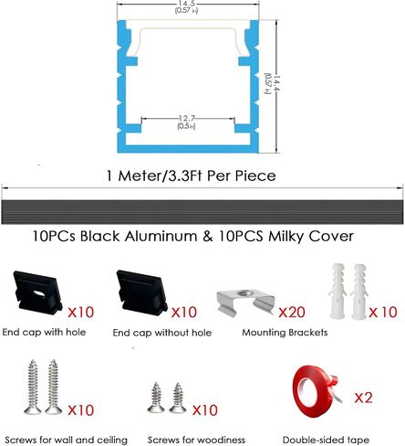 Besseto LED قناة الألومنيوم أسود 10pack 1m/3.3 قدم ، مربعة شريط LED الناشر الناشر من الألومنيوم الملف الشخصي الخارجي لغرفة المعيشة الدرج حمام غرفة نوم in Kuwait