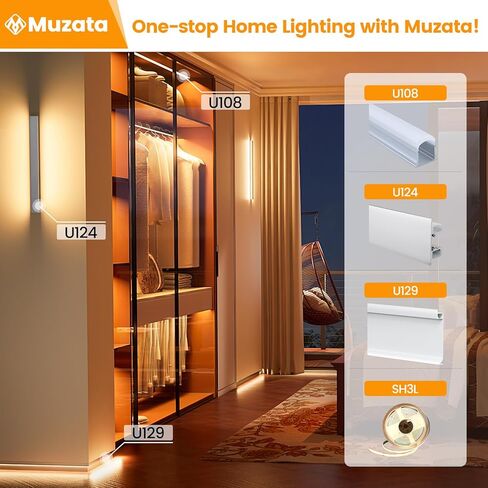 Muzata 5pack 6.6ft/2m قناة إضاءة اللوحات القاعدة LED مع غطاء أبيض حليبي من ألومنيوم أبيض Skirting Skirting Diffuser Channel U129 HW 2M in Saudi Arabia