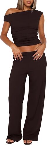 Vest and Pants Set Women - Sexy Pant Sets Women 2 Piece Outfits Off Shoulder Ruched Crop Tops Wide Leg Pantsuits in Kuwait