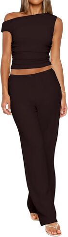 Vest and Pants Set Women - Sexy Pant Sets Women 2 Piece Outfits Off Shoulder Ruched Crop Tops Wide Leg Pantsuits in Kuwait