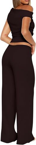 Vest and Pants Set Women - Sexy Pant Sets Women 2 Piece Outfits Off Shoulder Ruched Crop Tops Wide Leg Pantsuits in Kuwait