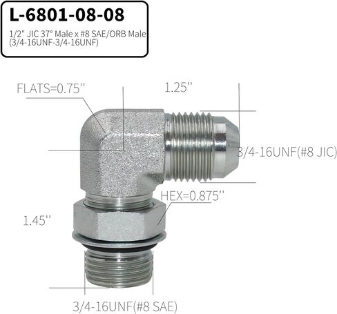 5 Pack 1/2 "Jic 37 ° Male X #8 SAE/Orb Male Corner/Elbow Adapter Fitting | L-6801-08-08 in Kuwait
