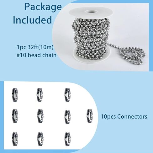32ft 304 Stainless Steel #10 Beaded Ball Chain with 10pcs Connectors, 4.5mm Replacement Bead Chain Cord for Dog Tag, Necklace Chain, Plumbing Applications in Kuwait