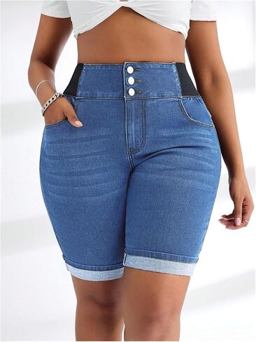 Verdusa Women's Plus Size Button Up Jean Shorts High Waisted Denim Shorts with Pockets in Saudi Arabia