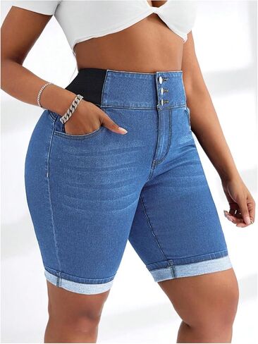 Verdusa Women's Plus Size Button Up Jean Shorts High Waisted Denim Shorts with Pockets in Saudi Arabia