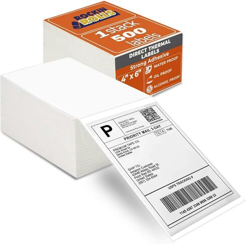 Rockin Rolls Thermal Shipping Labels (Total 2000) - 4 حزم من 500 Fanfold Direct 4x6 Thermal Labels. درجة تجارية سميكة ، مقاوم للماء ، ملصق بريدي للطبخ ، وملصقًا قويًا ، ومواد لاصقة قوية in Saudi Arabia