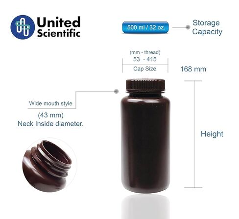 United Scientific® 33465PK2 - حاويات عينة مع أغطية - زجاجة كاشف عريضة من الفم العنبر HDPE - زجاجات بلاستيكية متعددة الأغراض 16 أوقية (500 مل) مع أغطية ، حزمة من 2 in Kuwait