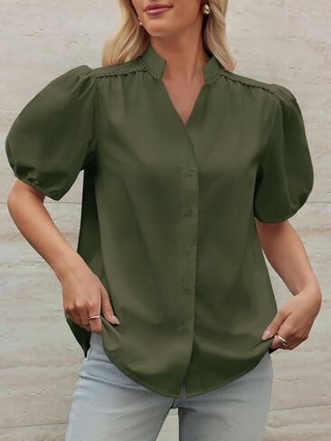Tankaneo Womens Puff Sleeve Button Down Shirts Cotton Pleated Loose Fit Tops Summer Dressy Casual Blouses in Saudi Arabia