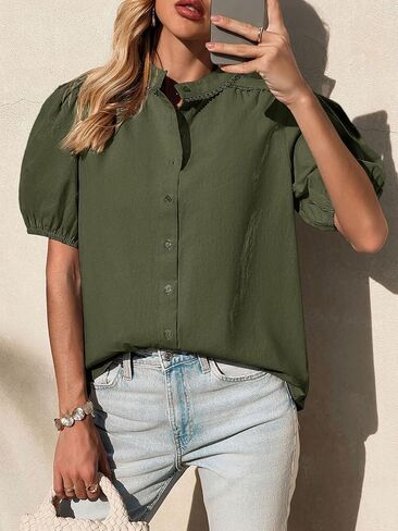 Tankaneo Womens Puff Sleeve Button Down Shirts Cotton Pleated Loose Fit Tops Summer Dressy Casual Blouses in Saudi Arabia