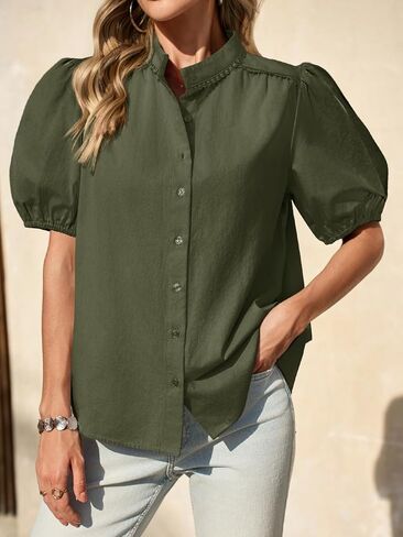 Tankaneo Womens Puff Sleeve Button Down Shirts Cotton Pleated Loose Fit Tops Summer Dressy Casual Blouses in Saudi Arabia