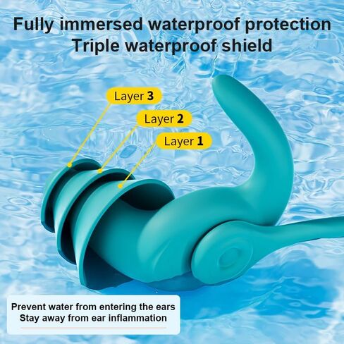 Swimming Ear Plugs for Adults,3 Pairs Anti-Lost Waterproof Reusable Silicone Swim Earplugs for Swimming Showering Surfing Snorkeling (Black,Blue,Cyan, Adults Size) in Saudi Arabia