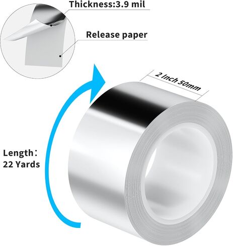 Aluminum Foil Tape Heavy Duty 2 Inch x 22 Yards（3.9 mil）, High Temp Waterproof HVAC Tape, Silver Insulation Adhesive for Ductwork, Sealing, Dryer Vent, Furnace, AC, Pipe Repair in Kuwait