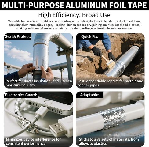 Aluminum Foil Tape Heavy Duty 2 Inch x 22 Yards（3.9 mil）, High Temp Waterproof HVAC Tape, Silver Insulation Adhesive for Ductwork, Sealing, Dryer Vent, Furnace, AC, Pipe Repair in Kuwait