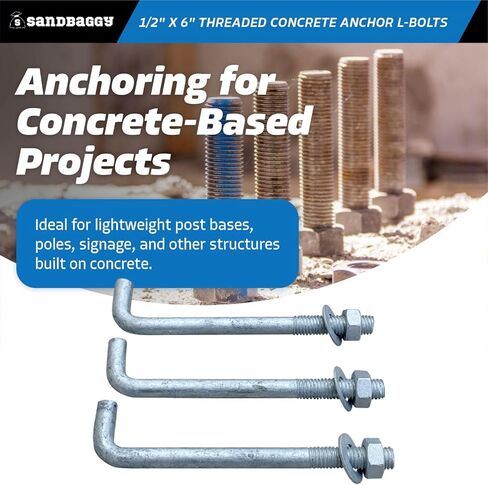Sandbaggy 1/2 "× 6" مرساة خرسانية ملولبة L -bolts (المكسرات والغسالات المشمولة) - غسول الساخنة مغمورة - صفيحة عتبة ، لوحة قاعدة ، البناء ، الخشب ، مرساة الأسمنت ، J الترباس (50 ، 1/2 "× 6") in Saudi Arabia