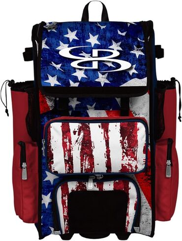 Boombah Rolling Superpack 2.0 Baseball/Softball Gear Bag - 23-1/2 "x 13-1/2" × 9-1/2 " - USA Stars & Stripes Navy/Red/White - مقبض تلسكوبي - يحمل 4 خفافيش - نسخة ذات عجلات in Kuwait