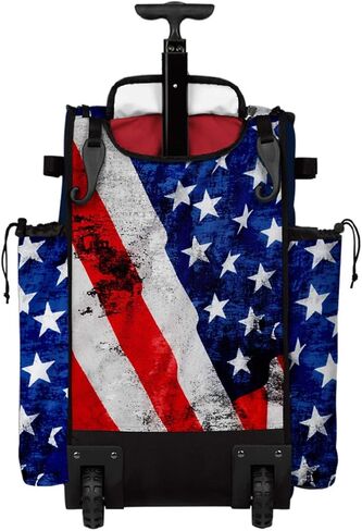 Boombah Rolling Superpack 2.0 Baseball/Softball Gear Bag - 23-1/2 "x 13-1/2" × 9-1/2 " - USA Stars & Stripes Navy/Red/White - مقبض تلسكوبي - يحمل 4 خفافيش - نسخة ذات عجلات in Kuwait