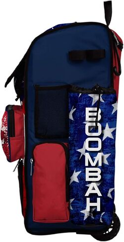 Boombah Rolling Superpack 2.0 Baseball/Softball Gear Bag - 23-1/2 "x 13-1/2" × 9-1/2 " - USA Stars & Stripes Navy/Red/White - مقبض تلسكوبي - يحمل 4 خفافيش - نسخة ذات عجلات in Kuwait