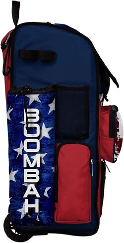 Boombah Rolling Superpack 2.0 Baseball/Softball Gear Bag - 23-1/2 "x 13-1/2" × 9-1/2 " - USA Stars & Stripes Navy/Red/White - مقبض تلسكوبي - يحمل 4 خفافيش - نسخة ذات عجلات in Kuwait