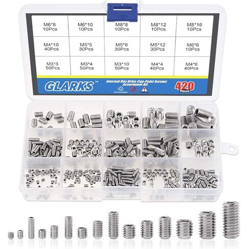 Glarks 420Pcs M3/M4/M5/M6/M8 Allen Head Socket Set Screw, 304 Stainless Steel Internal Hex Drive Grub Screw Assortment Kit in Saudi Arabia
