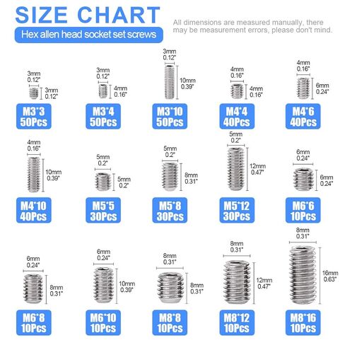 Glarks 420Pcs M3/M4/M5/M6/M8 Allen Head Socket Set Screw, 304 Stainless Steel Internal Hex Drive Grub Screw Assortment Kit in Saudi Arabia