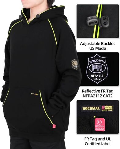 BOCOMAL FR Hoodies Pullover 12oz Heavyweight Cotton Fleece Flame Resistant Contrast Stripe Long Sleeve Hooded Sweatshirts in Saudi Arabia