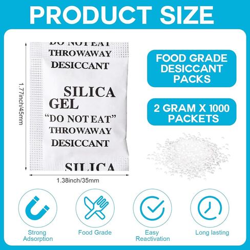 1000 Pcs 2 Gram Silica Gel Packets Desiccant Packs for Storage Moisture Absorbers Silica Gel Anti Humidity Transparent Food Grade Desiccant Packs for Electronics, Clothes Shoes, Jewelry in Saudi Arabia