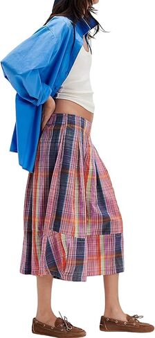 Womens Summer Boho Wide Leg Culotte Pants Casual Elastic Waisted Palazzo Trousers Colorful Plaid Capris with Pockets in Kuwait