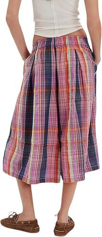 Womens Summer Boho Wide Leg Culotte Pants Casual Elastic Waisted Palazzo Trousers Colorful Plaid Capris with Pockets in Kuwait